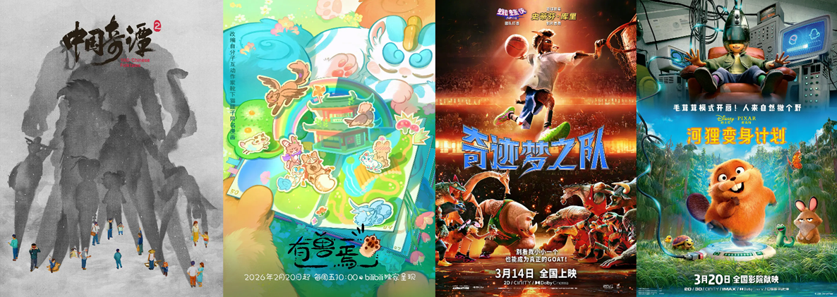 2026年第1季度上映的中外四部代表性福瑞动画分别是《中国奇谭2》《有兽焉5》《奇迹梦之队》和《河狸变身计划》